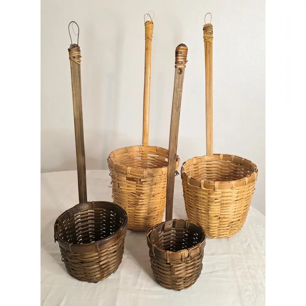 Vintage Woven Rattan Baskets with Long Cane Handles Set of 4 (Flaws)